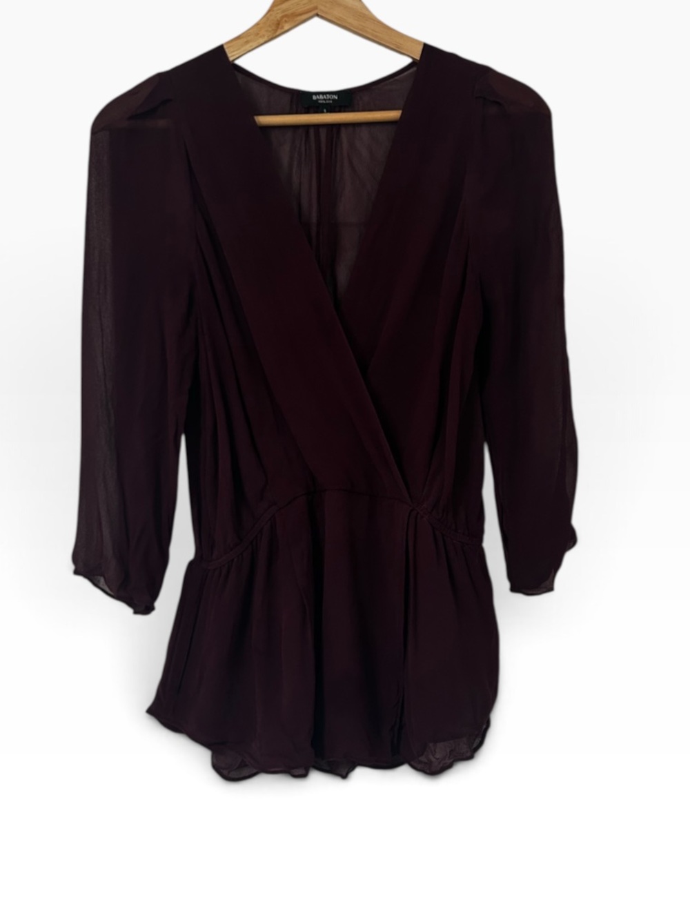 Babaton 100% Silk Burgundy Semi Sheer Deep V Neck Blouse 3/4 Sleeves Size Small